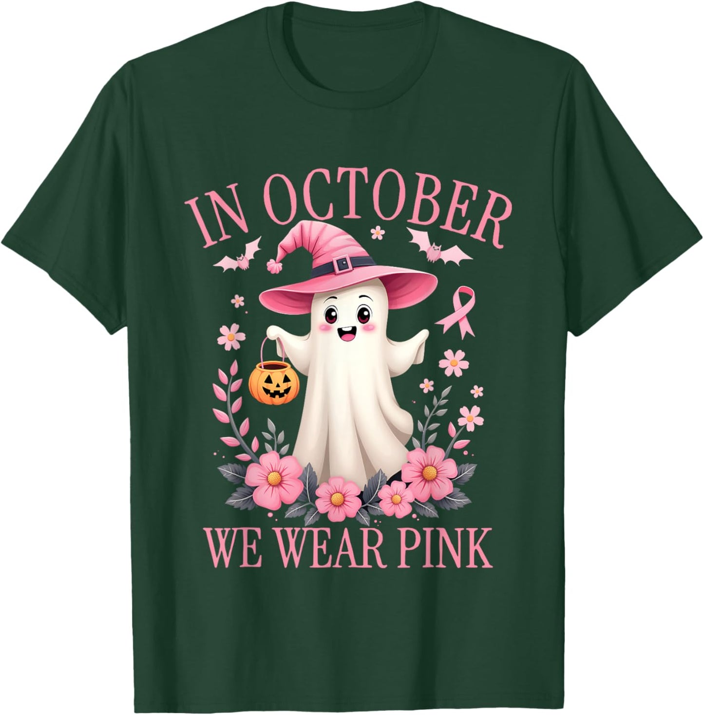 In October We Wear Pink Breast Cancer Awareness Halloween T-Shirt - T-Shirt | Forest