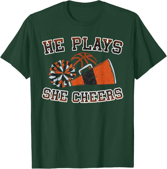 He Plays She Cheers Loud Proud Basketball Cheer Mom Orange T-Shirt - T-Shirt | Forest
