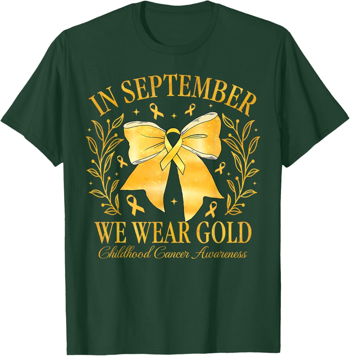 Childhood Cancer Awareness Month Gold Ribbon Coquette Bow T-Shirt - T-Shirt | Forest