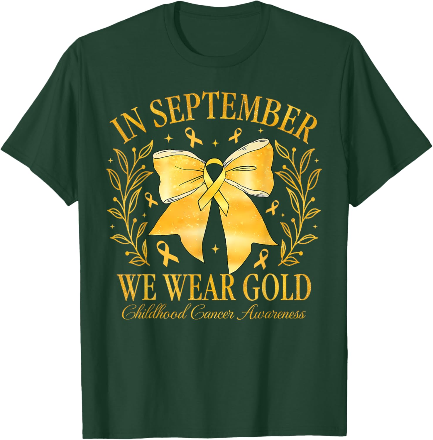 Childhood Cancer Awareness Month Gold Ribbon Coquette Bow T-Shirt - T-Shirt | Forest