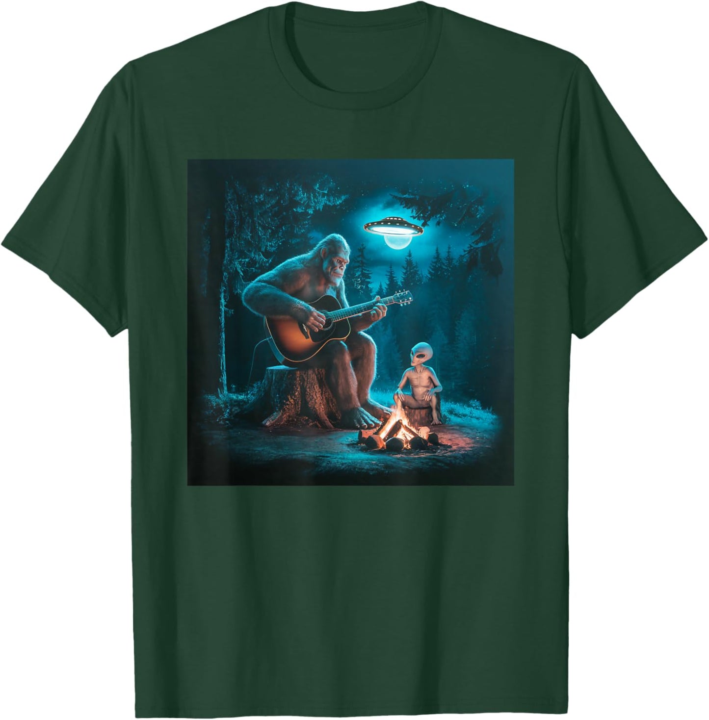 Bigfoot Alien Sasquatch Campfire UFO Music Night Scene T-Shirt - T-Shirt | Forest