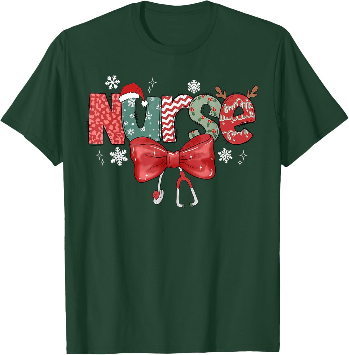 Nurse Christmas Stethoscope Coquette Bow Pajamas Holiday T-Shirt - T-Shirt | Forest