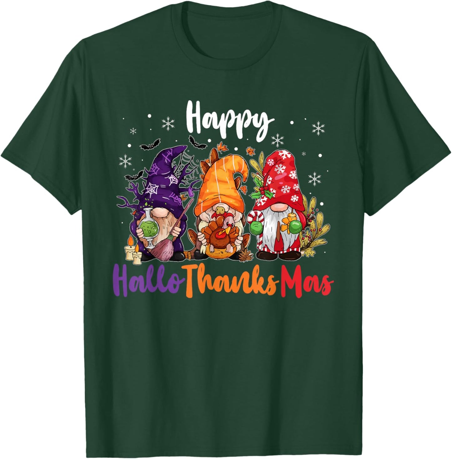 Happy Hallothanksmas Gnomes Lover Halloween Merry Christmas T-Shirt - T-Shirt | Forest