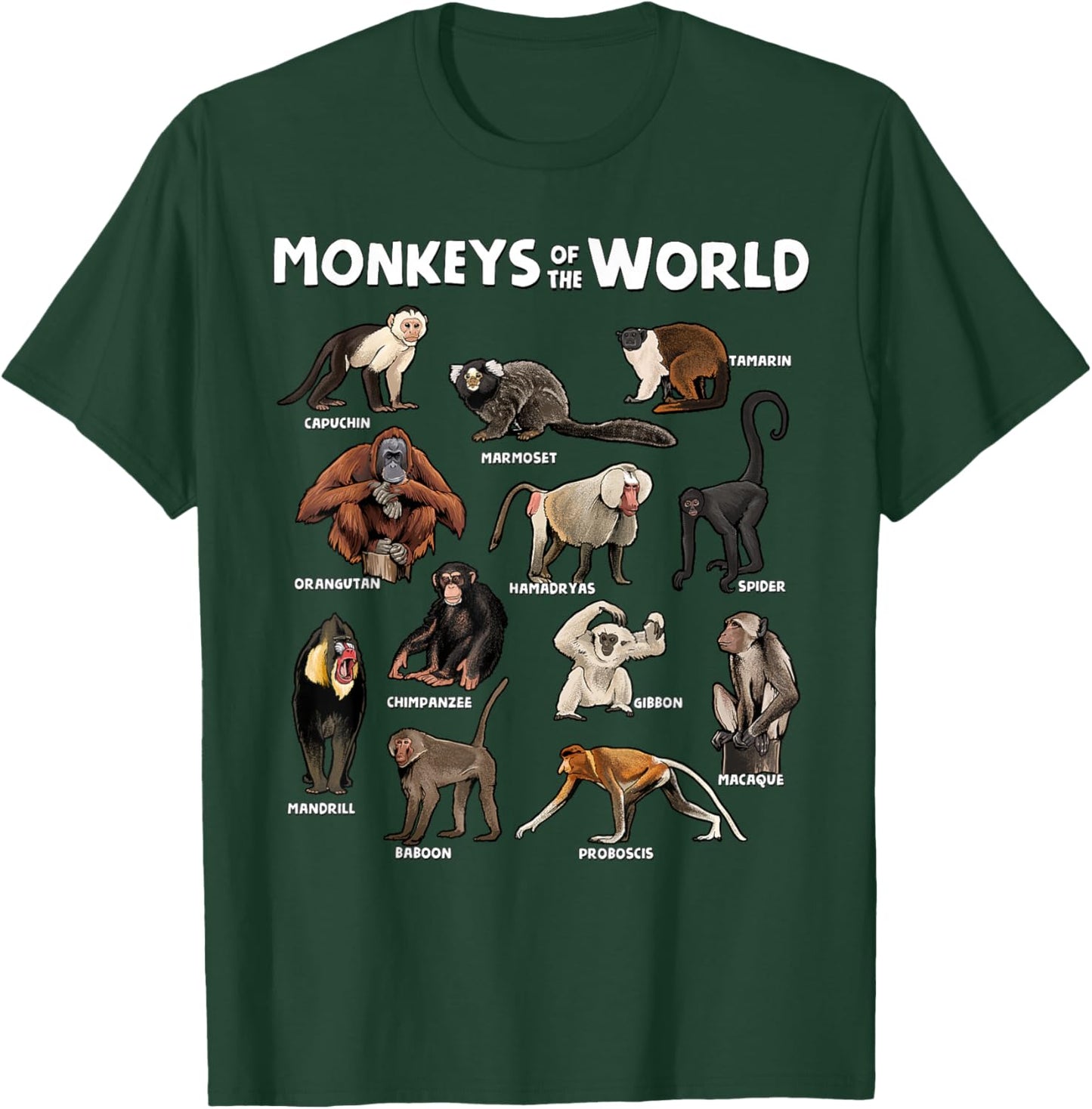 Monkeys of the World Realistic Animal Species Design T-Shirt - T-Shirt | Forest