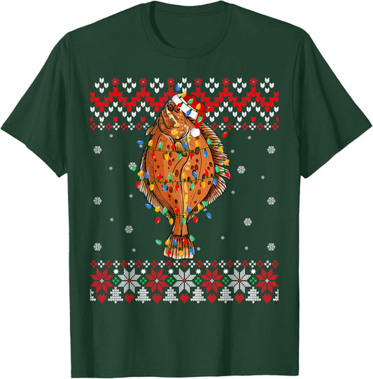 Flounder Fish Santa Hat Men Women Kids Ugly Christmas Light T-Shirt - T-Shirt | Forest