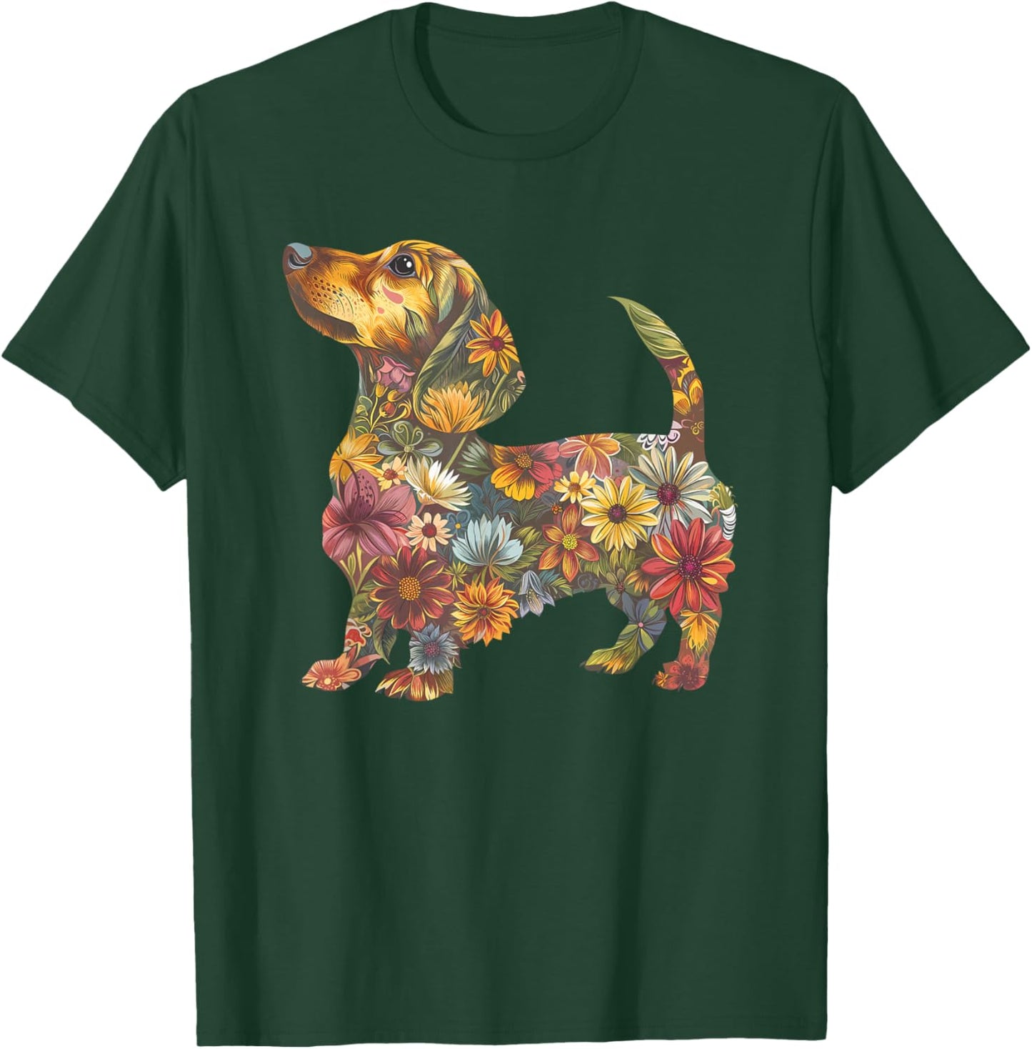 Dachshund Flower Funny Dog Silhouette Floral Gifts Women Men T-Shirt - T-Shirt | Forest