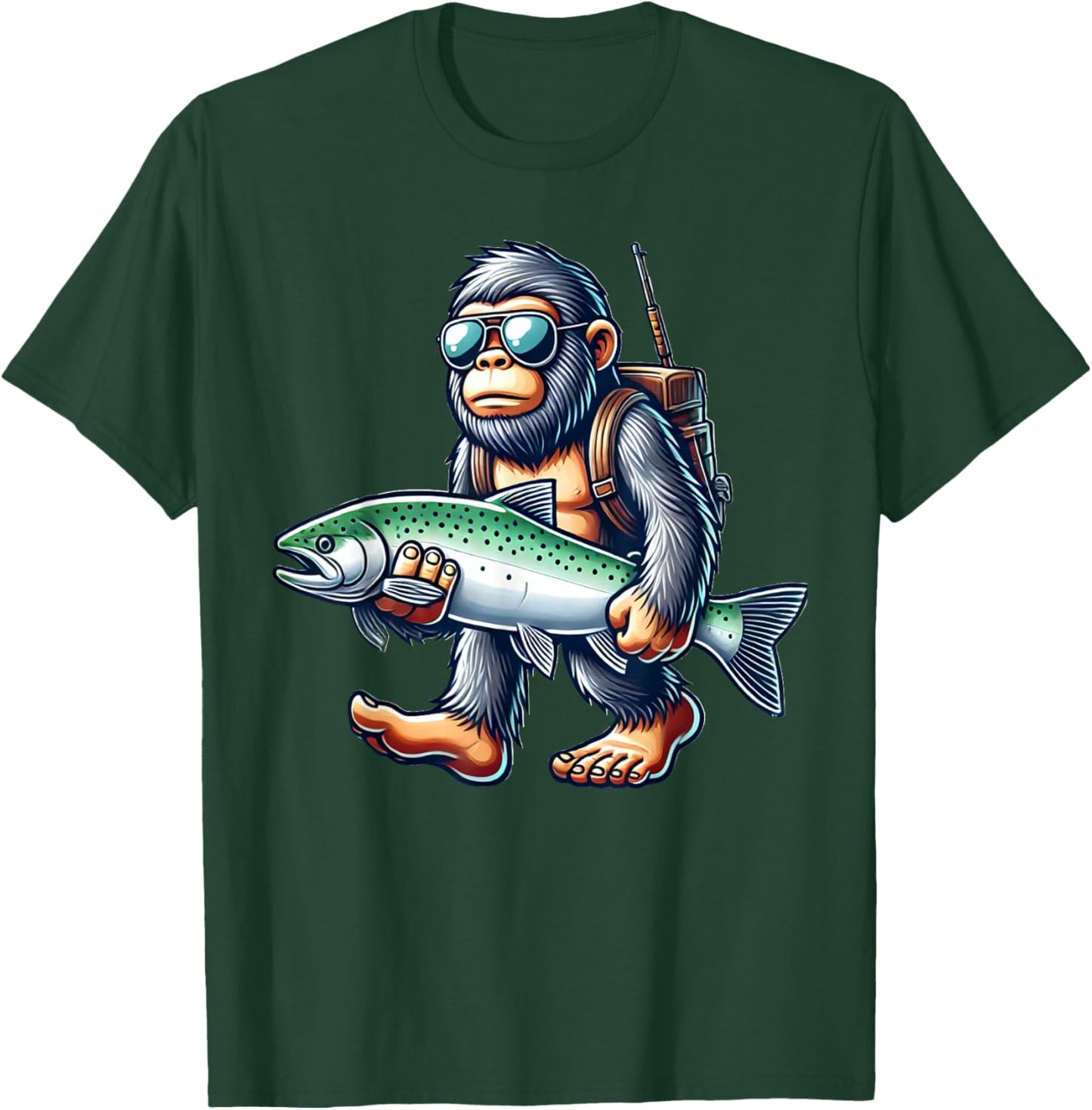 Fishing Bigfoot Lover Gift Co. Steelhead Fishing Bigfoot Trout River -Adults & Kids , Black, Small, Short Sleeve T-Shirt - T-Shirt | Forest