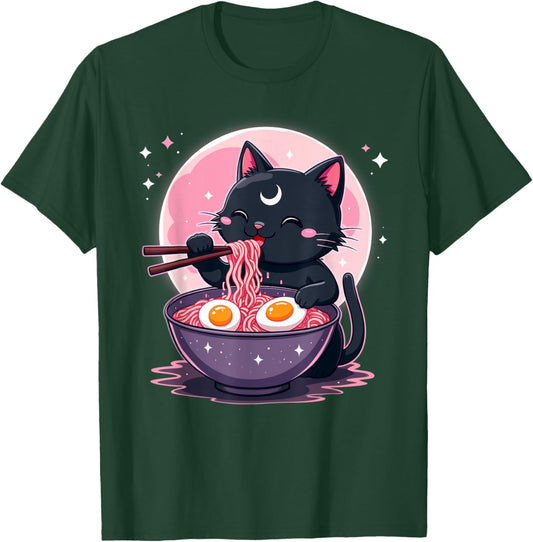 Pastel Goth Aesthetic Kawaii Creepy Cat Eating Ramen Noodles T-Shirt - T-Shirt | Forest