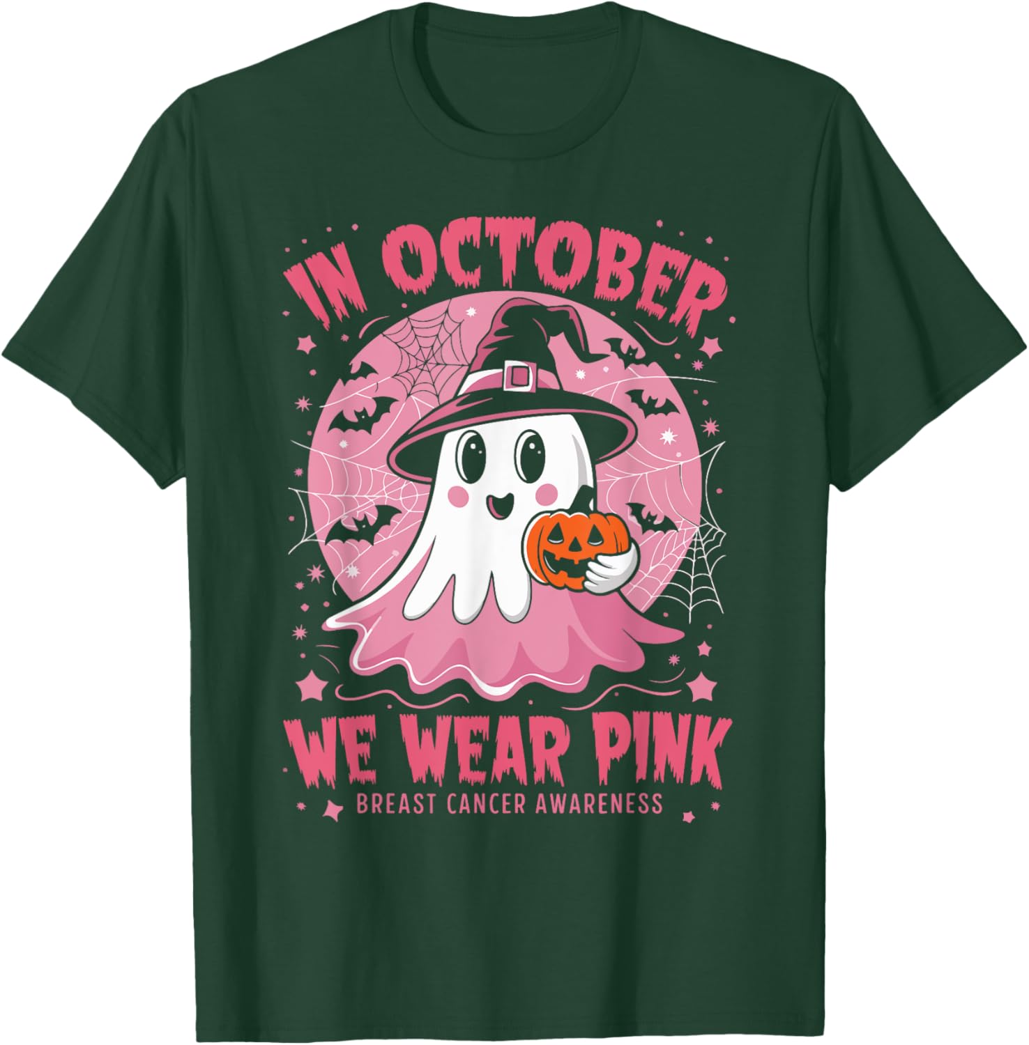 In October We Wear Pink Breast Cancer Awareness Women Ghost T-Shirt - T-Shirt | Forest