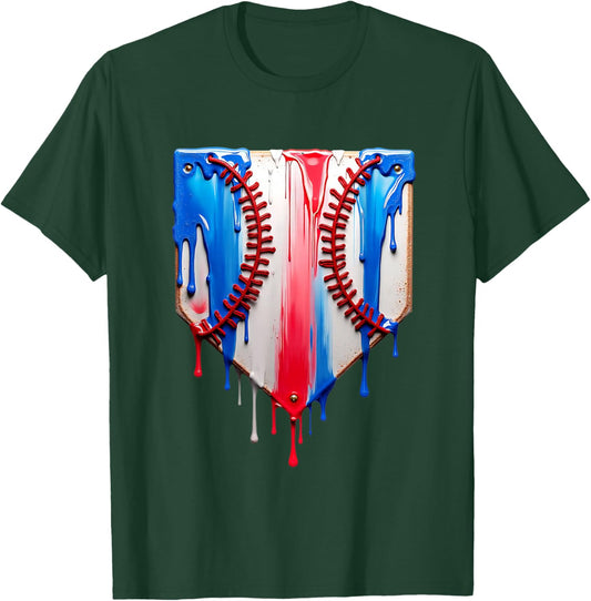 Baseball Plate Drip USA Flag Baseball Softball Drip T-Shirt - T-Shirt | Forest