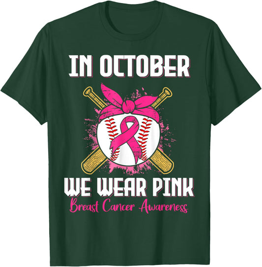 In October We Wear Pink Breast Cancer Awareness Baseball T-Shirt - T-Shirt | Forest