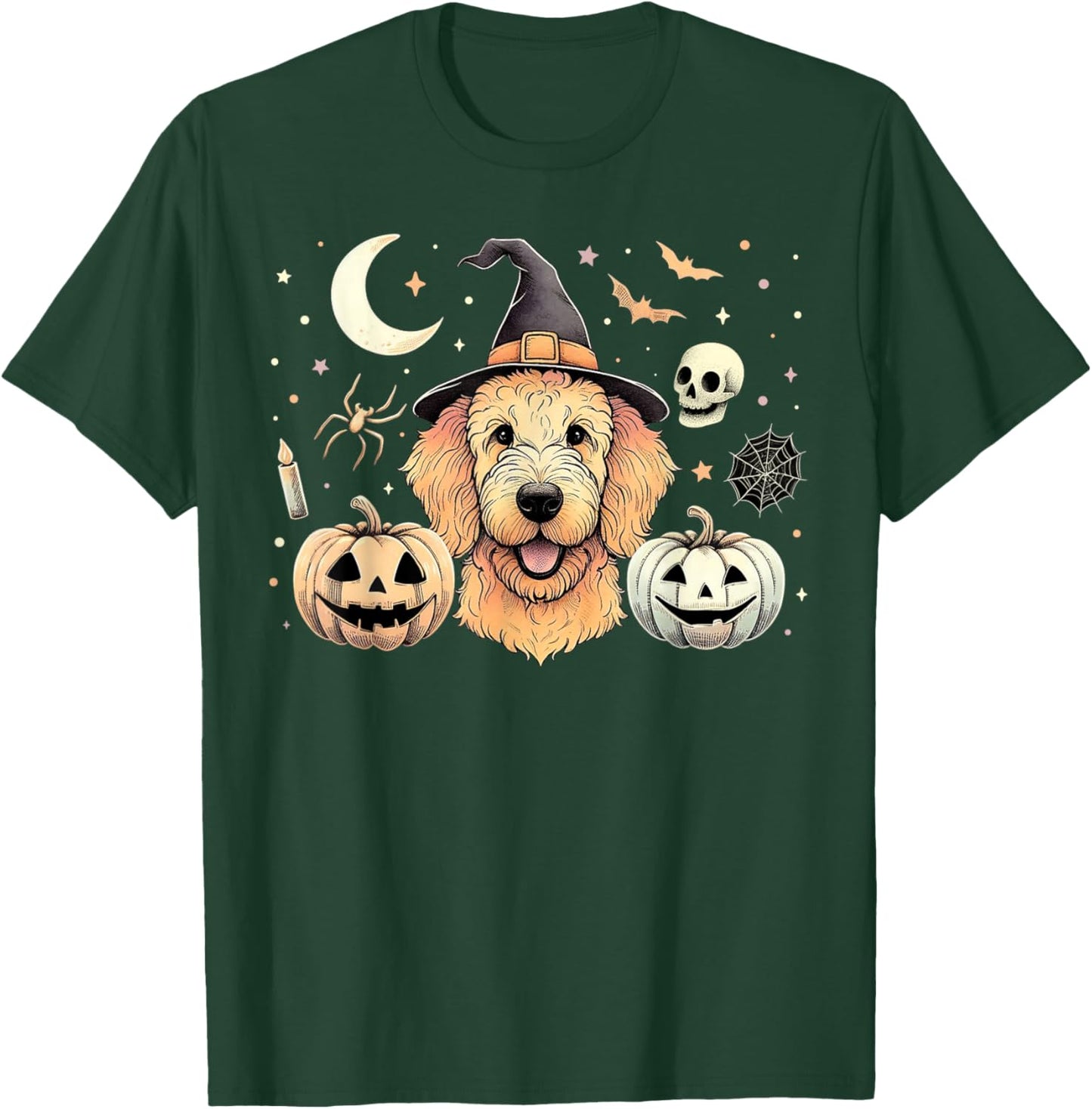 Halloween Goldendoodle and Pumpkins Bats Moon Spooky Holiday T-Shirt - T-Shirt | Forest