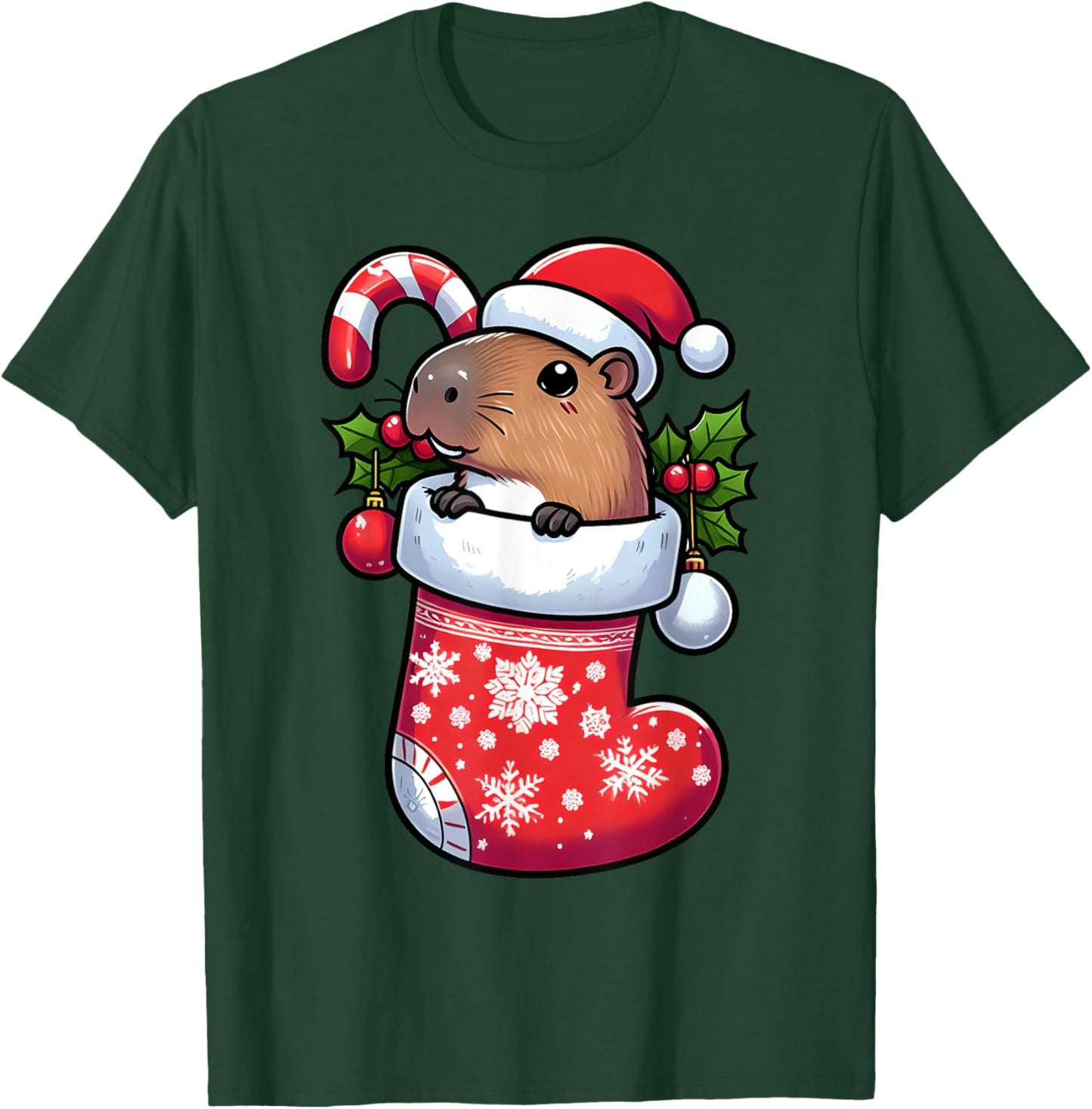 Capybara in Christmas Stocking Candy Cane Santa Hat Pajama T-Shirt - T-Shirt | Forest