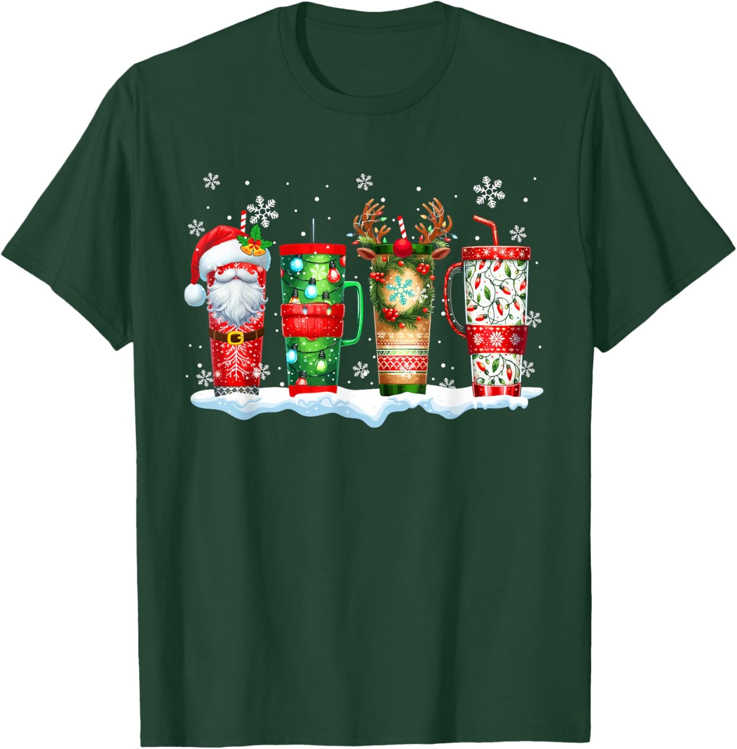 Three Santa Reindeer Elf Tumblers Of Coffee Christmas Lover T-Shirt - T-Shirt | Forest