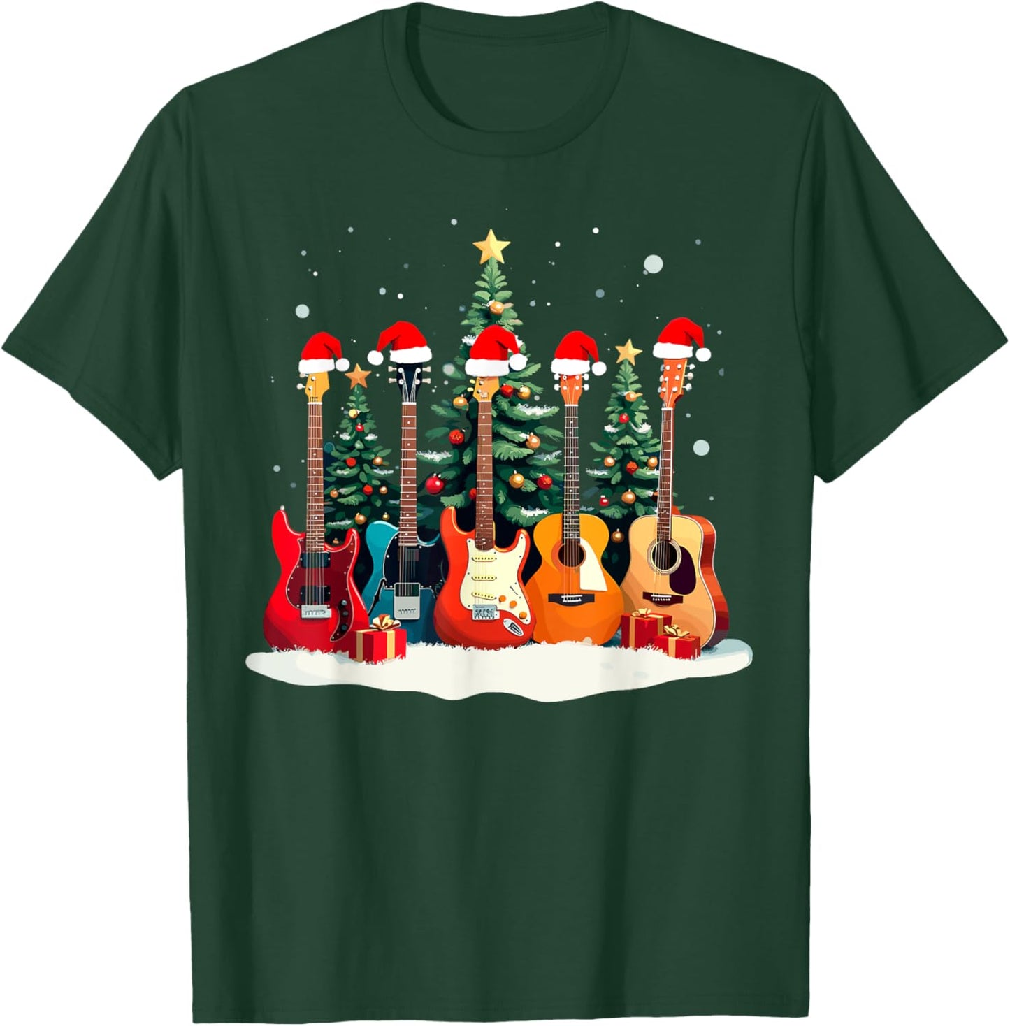 Santa Guitars Acoustic Bass Music Guitar Player Christmas T-Shirt - T-Shirt | Forest