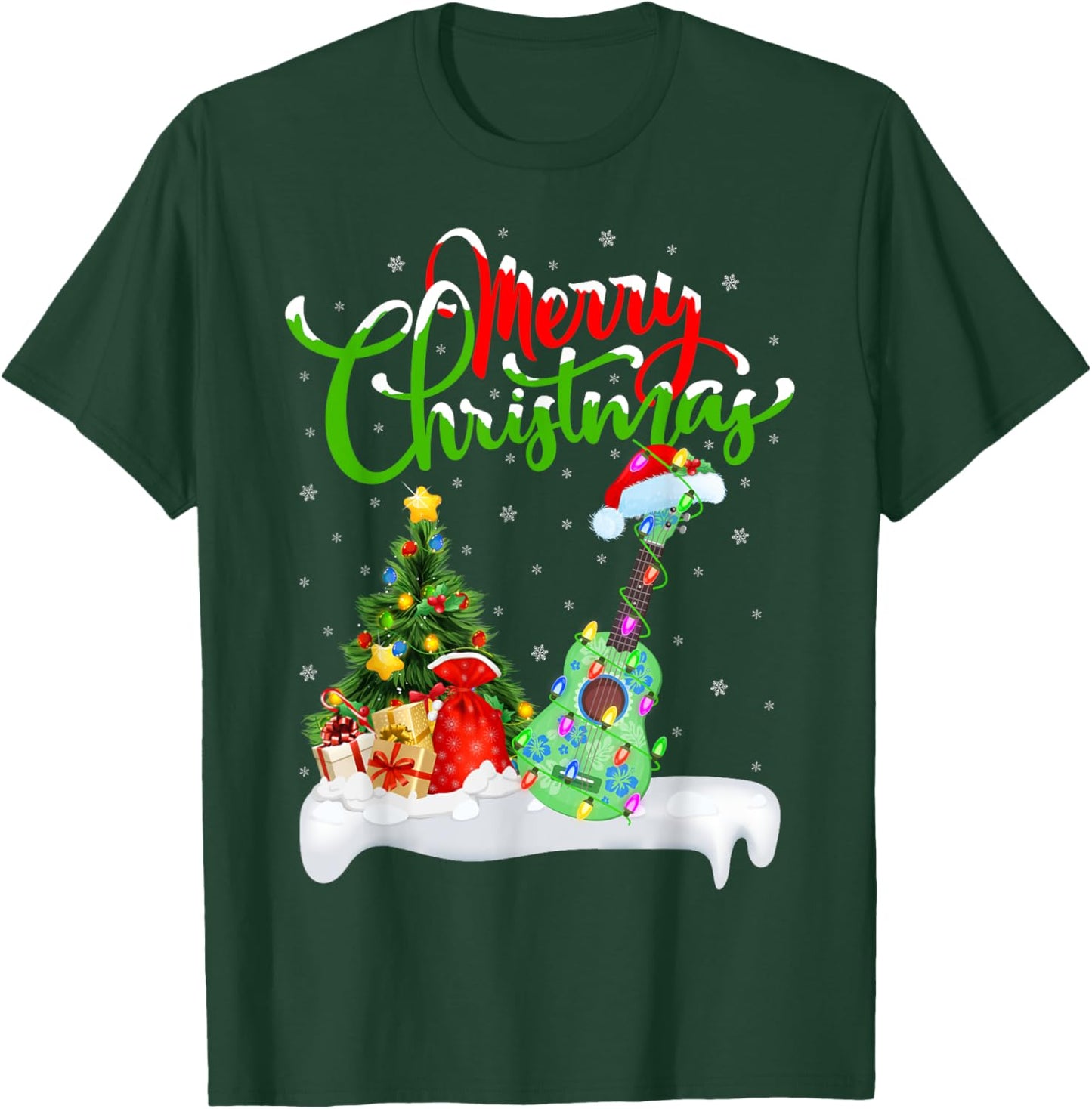 Xmas Tree Lights Santa Hat Musical Ukulele Guitar Christmas T-Shirt - T-Shirt | Forest