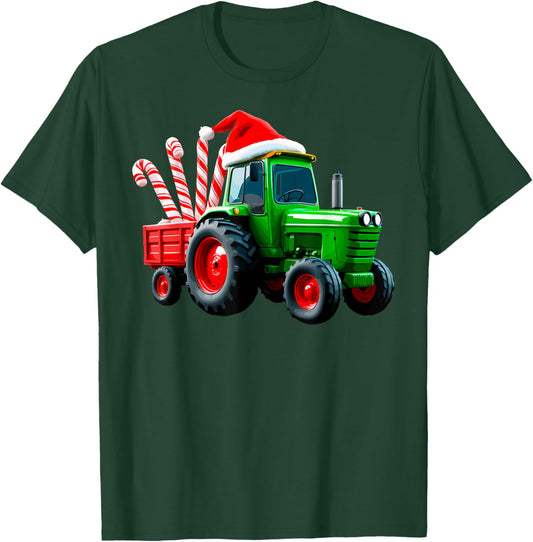 Tractor with Trailer Candy Cane Santa Farm Farmer Christmas T-Shirt - T-Shirt | Forest
