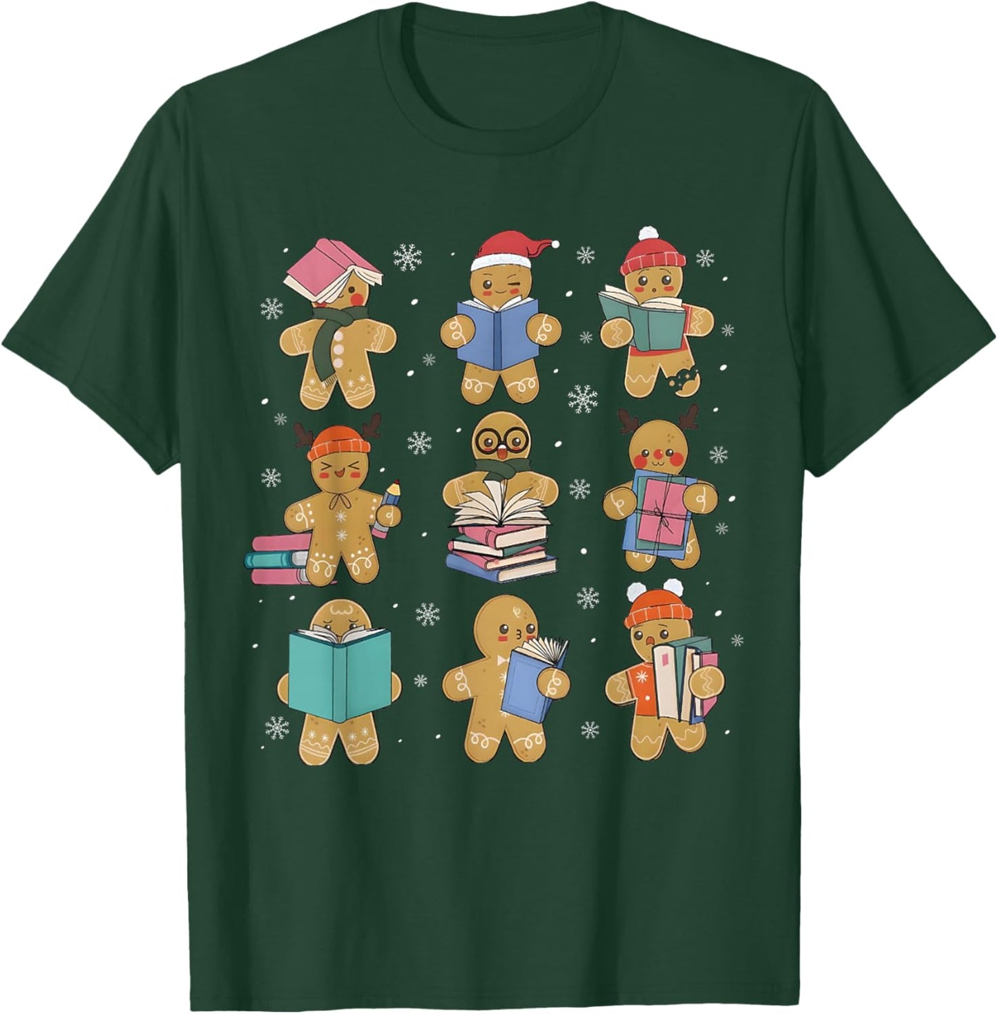 Christmas Library Gingerbread Man Books Lover Bookworm Gifts T-Shirt - T-Shirt | Forest