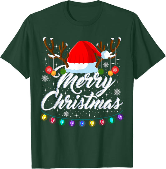 Merry Christmas Red Santa Hat Reindeer Xmas Matching Family T-Shirt - T-Shirt | Forest