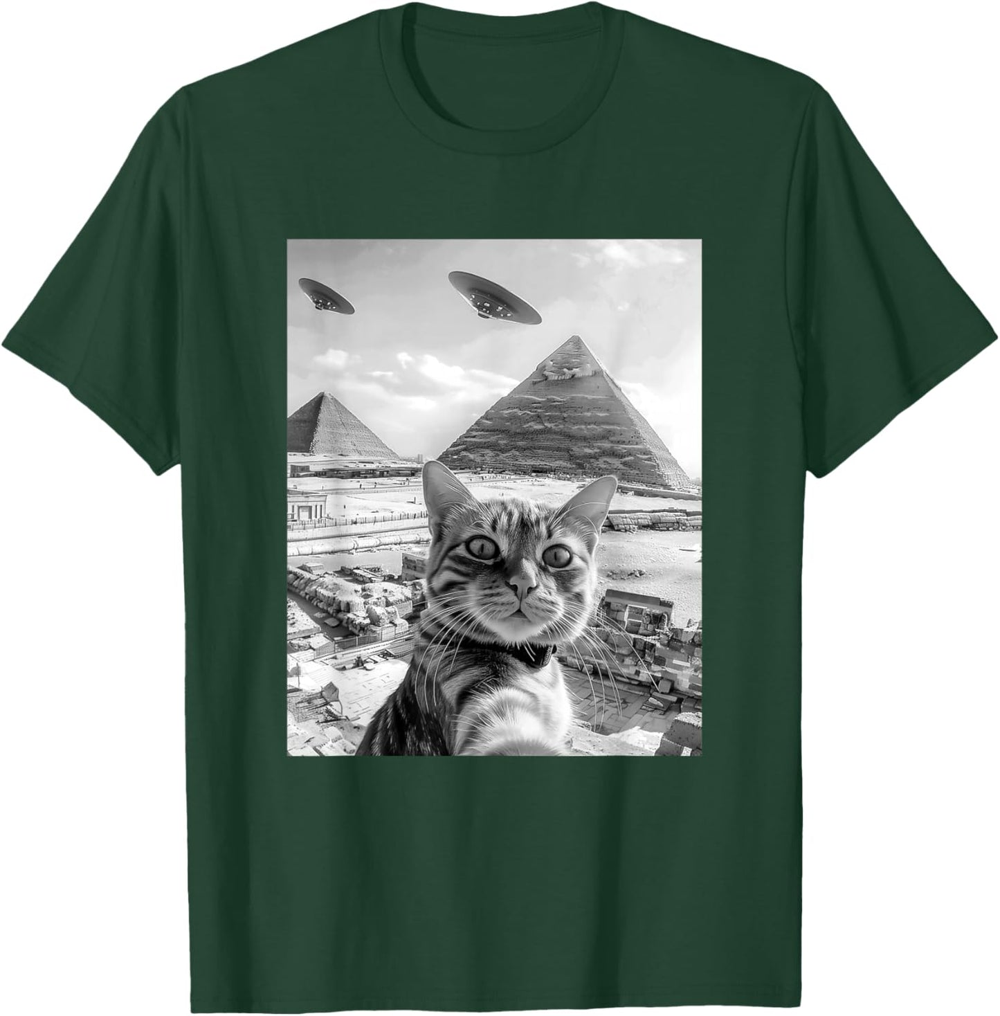 Funny Cat Selfie with Pyramids Alien UFOs Men Women Girls Kids T-Shirt - T-Shirt | Forest