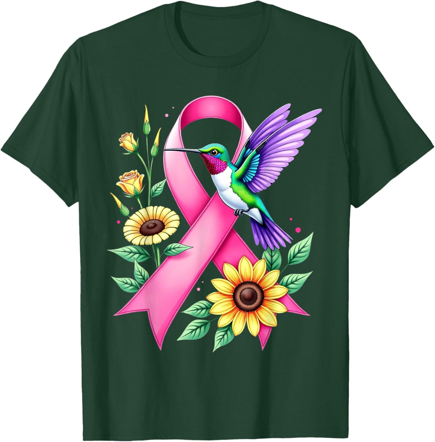 Hummingbird Sunflower Pink Ribbon Breast Cancer Awareness T-Shirt - T-Shirt | Forest
