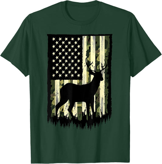 Deer Camo USA Flag Buck Elk Hunting American Hunt Lover T-Shirt - T-Shirt | Forest