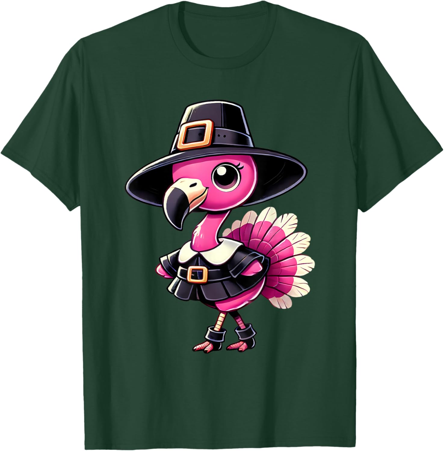 Cute Flamingo Pilgrim Hat Thanksgiving Fall Men Women Kids T-Shirt - T-Shirt | Forest