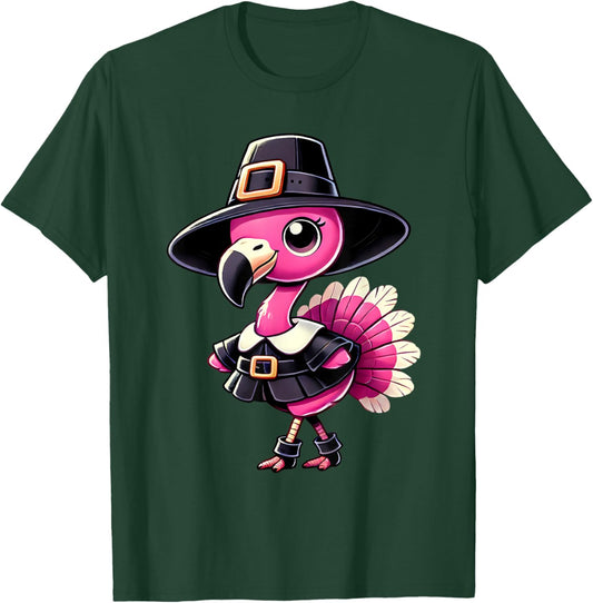 Cute Flamingo Pilgrim Hat Thanksgiving Fall Men Women Kids T-Shirt - T-Shirt | Forest