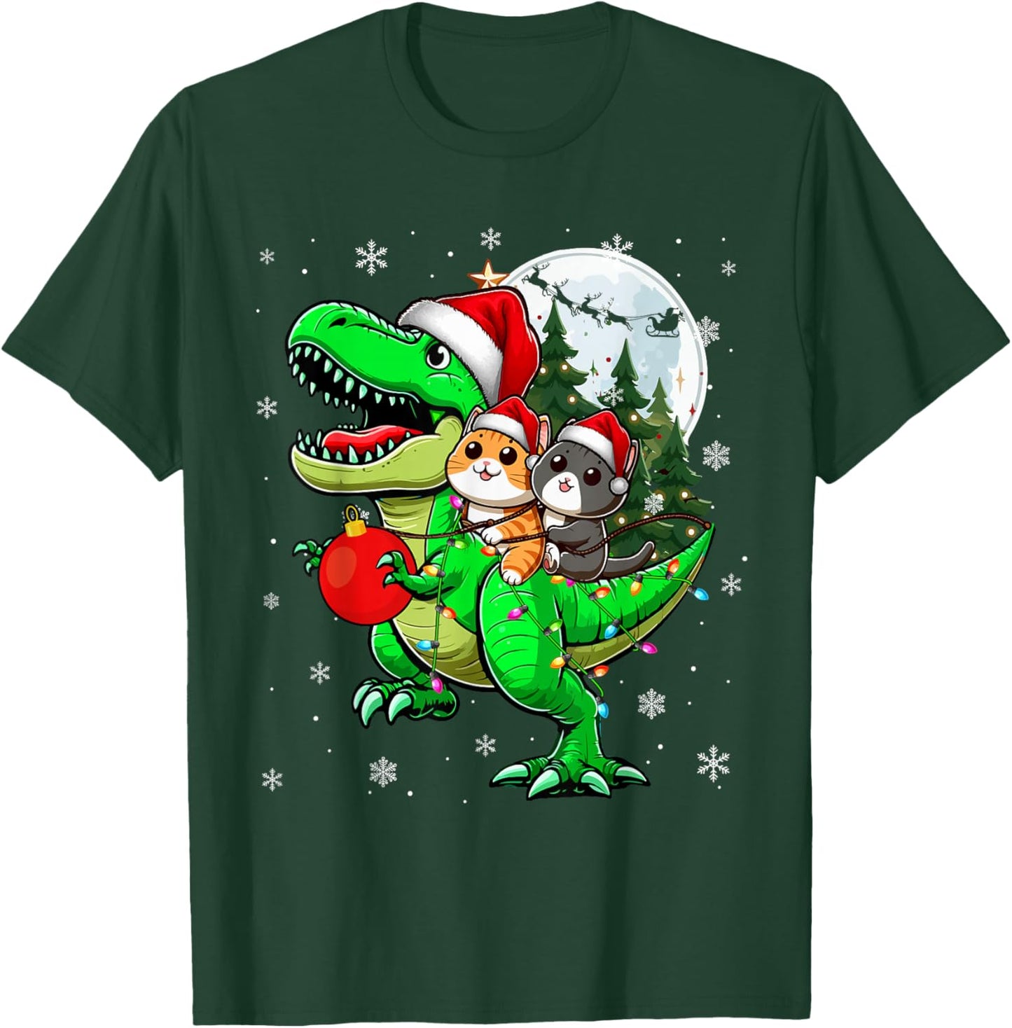 Two Xmas Cats Riding T-Rex Reindeer Lover Kids T-Shirt - T-Shirt | Forest