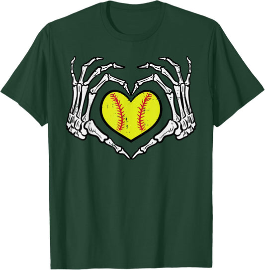 Halloween Softball Heart Skeleton Hands Costume Women Girls T-Shirt - T-Shirt | Forest