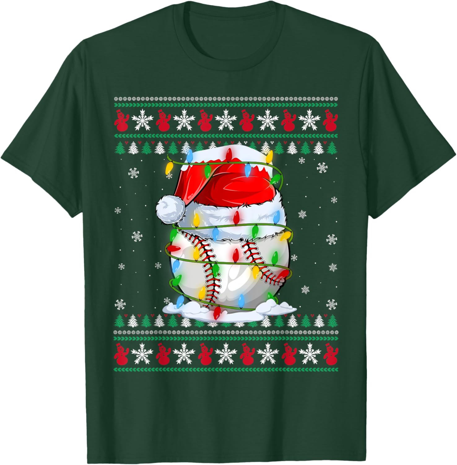 Baseball Ugly Sweater Style Xmas Lighting Baseball Christmas T-Shirt - T-Shirt | Forest
