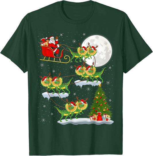 Xmas Lights Santa Riding Dilophosaurus Dinosaur Christmas T-Shirt - T-Shirt | Forest
