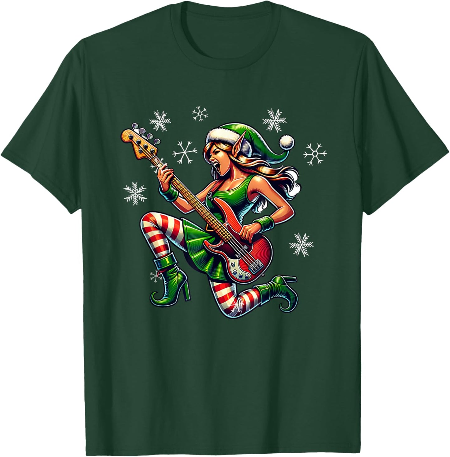 Rock & Roll Christmas Elf Bass-Guitar Bassist Christmas T-Shirt - T-Shirt | Forest