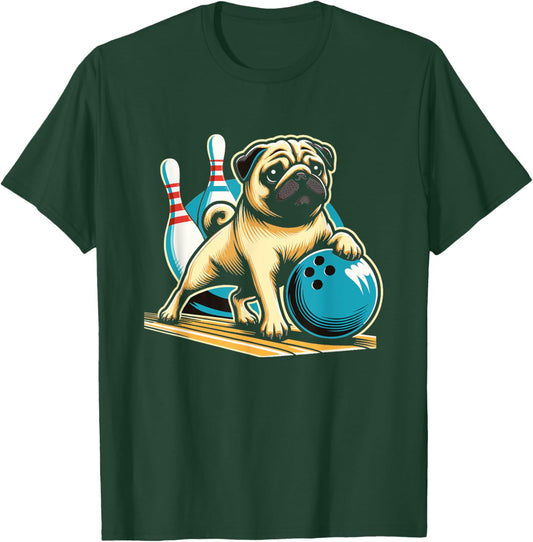 Vintage Retro Dog Pug Playing Bowling Men Women Girls Kids T-Shirt - T-Shirt | Forest