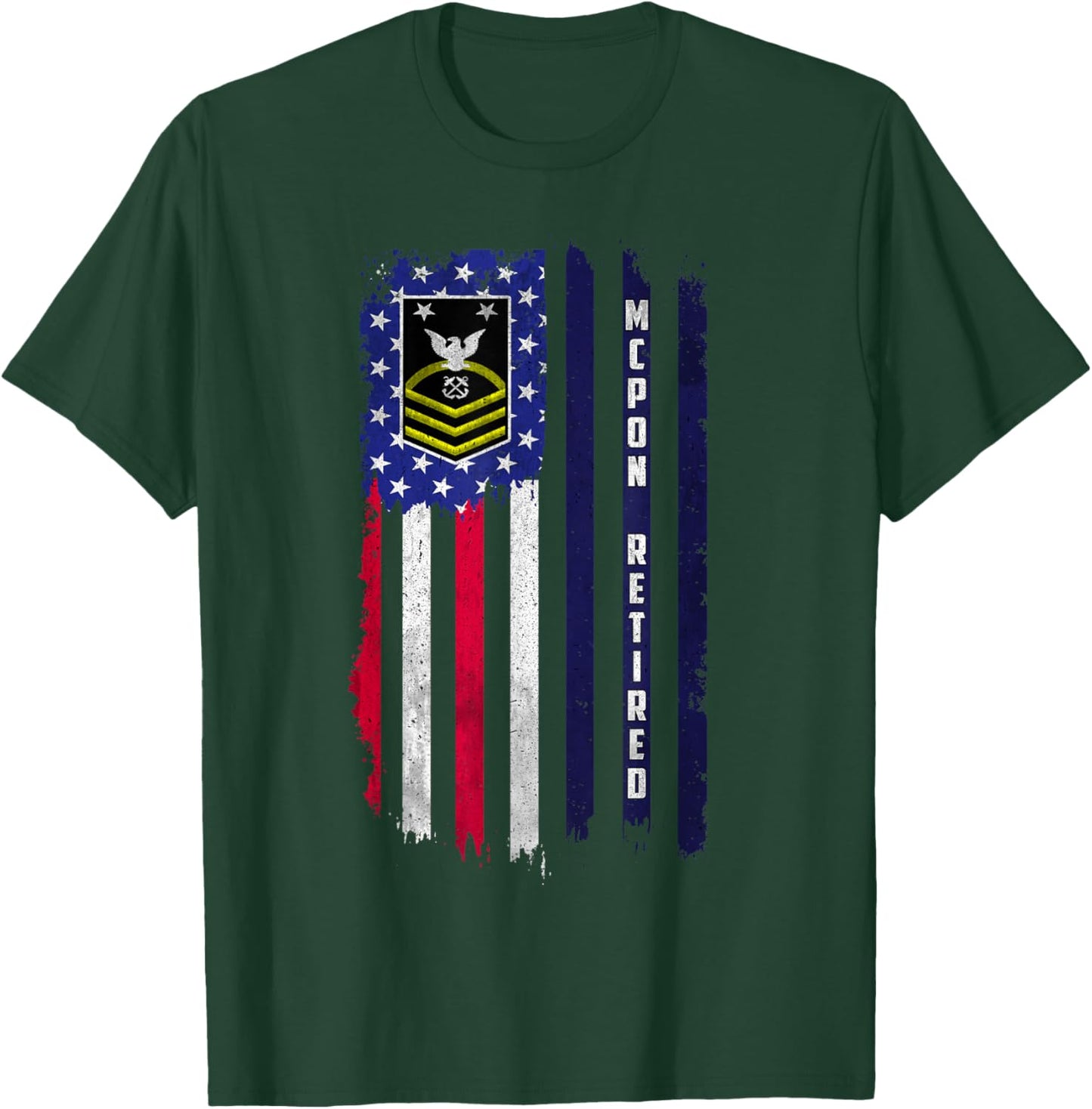 Retired E-9 Master Chief Petty Officer Rank American Flag T-Shirt - T-Shirt | Forest