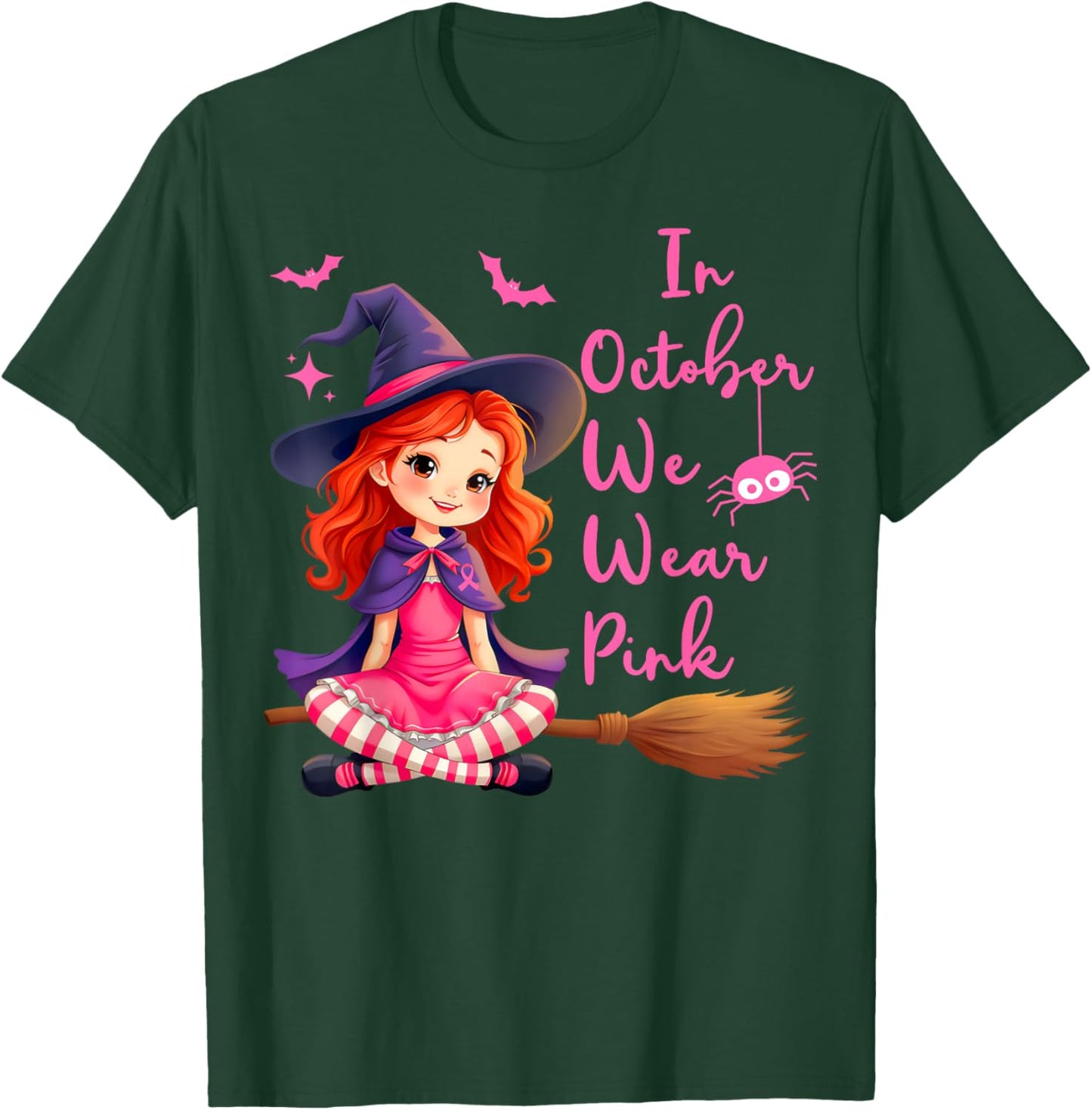 In October We Wear Pink Witch broom Breast Cancer Halloween T-Shirt - T-Shirt | Forest