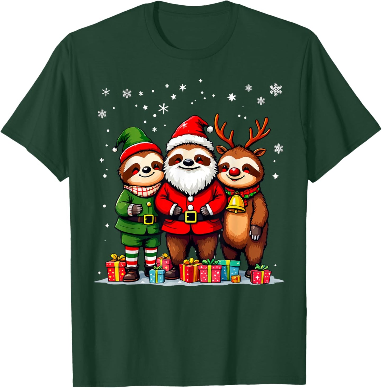 Cute Christmas Sloths in Santa Elf and Reindeer Costumes T-Shirt - T-Shirt | Forest