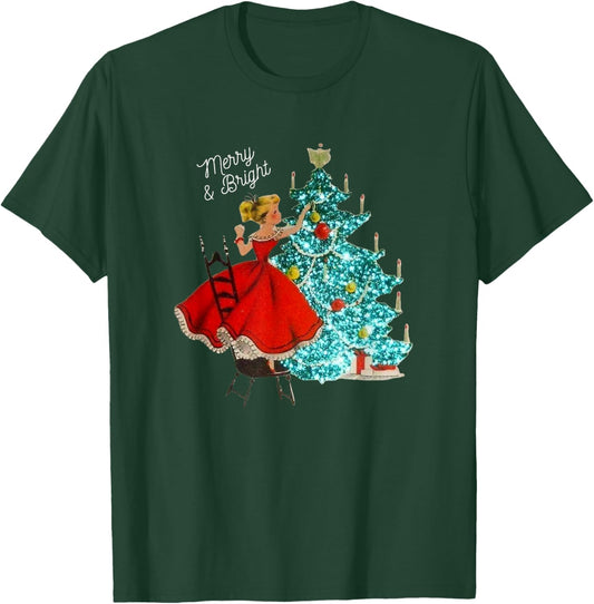 Cute Vintage Merry and Bright Girl Decorating Christmas Tree T-Shirt - T-Shirt | Forest