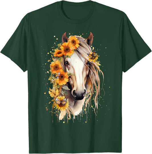 Sunflower Horse Portrait CowGirl Equestrian Horseback Riding T-Shirt - T-Shirt | Forest