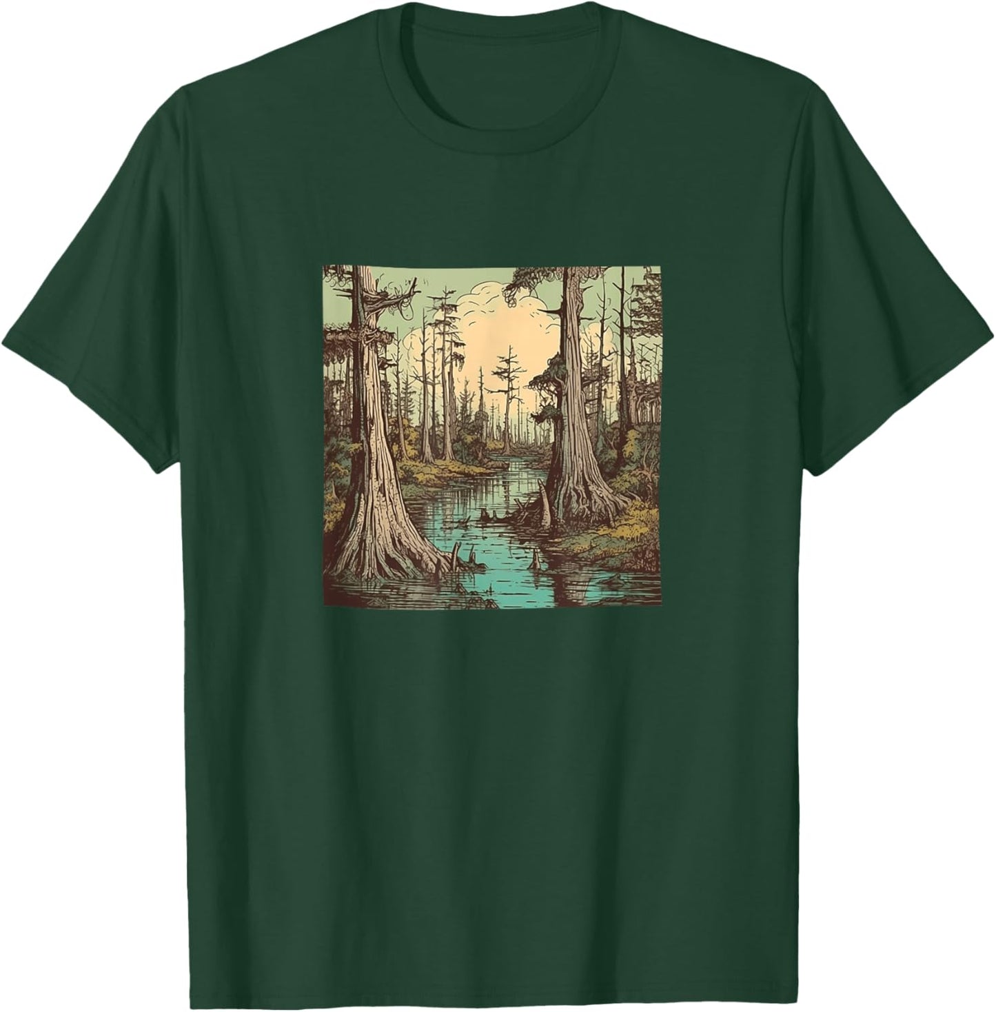 Swamp With Cypress Trees Vintage Landscape Graphic T-Shirt - T-Shirt | Forest