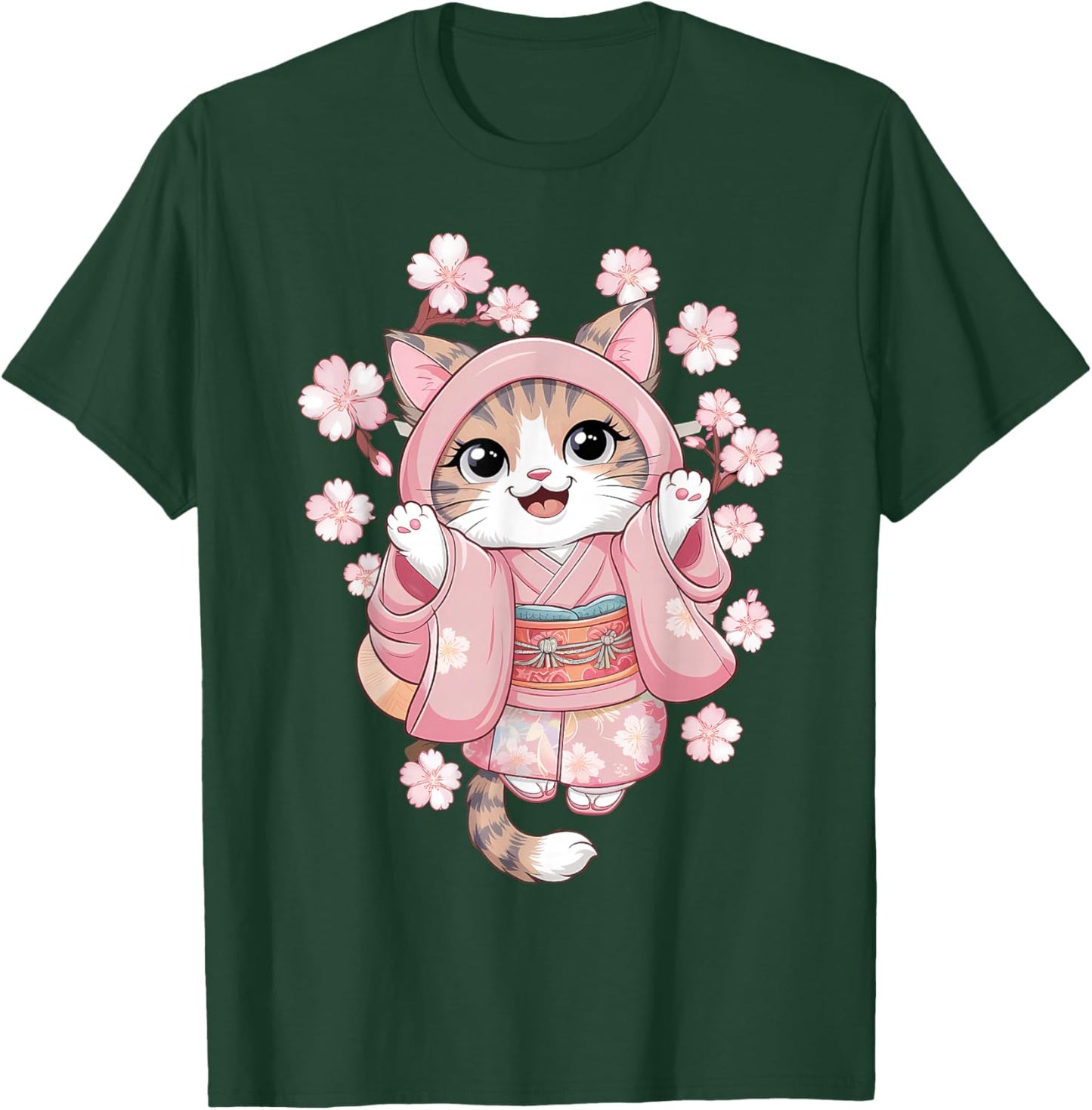 Cherry Blossom Japanese Anime Kawaii Cat Kimono Dress T-Shirt - T-Shirt | Forest