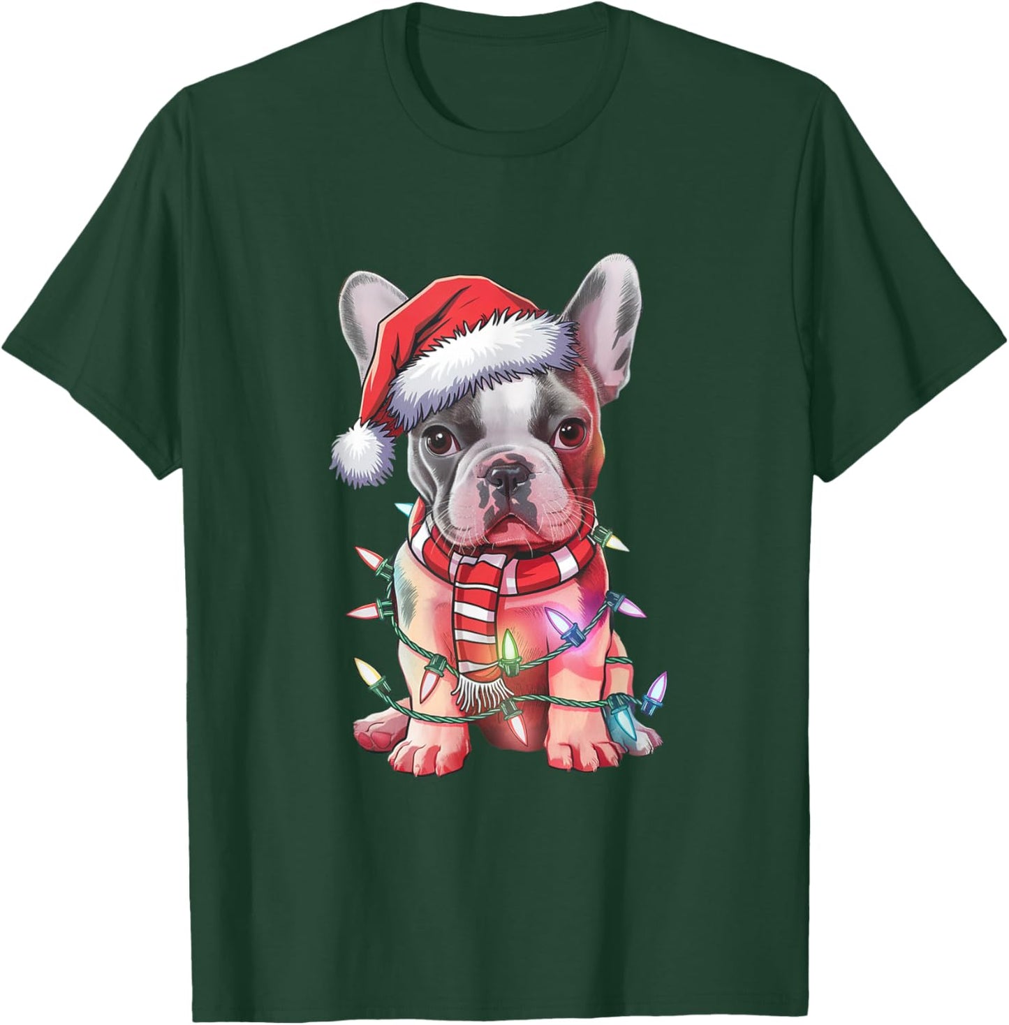 Christmas Lights French Bulldog Santa Hat Funny Dog Xmas Men Women Kids T-Shirt - T-Shirt | Forest