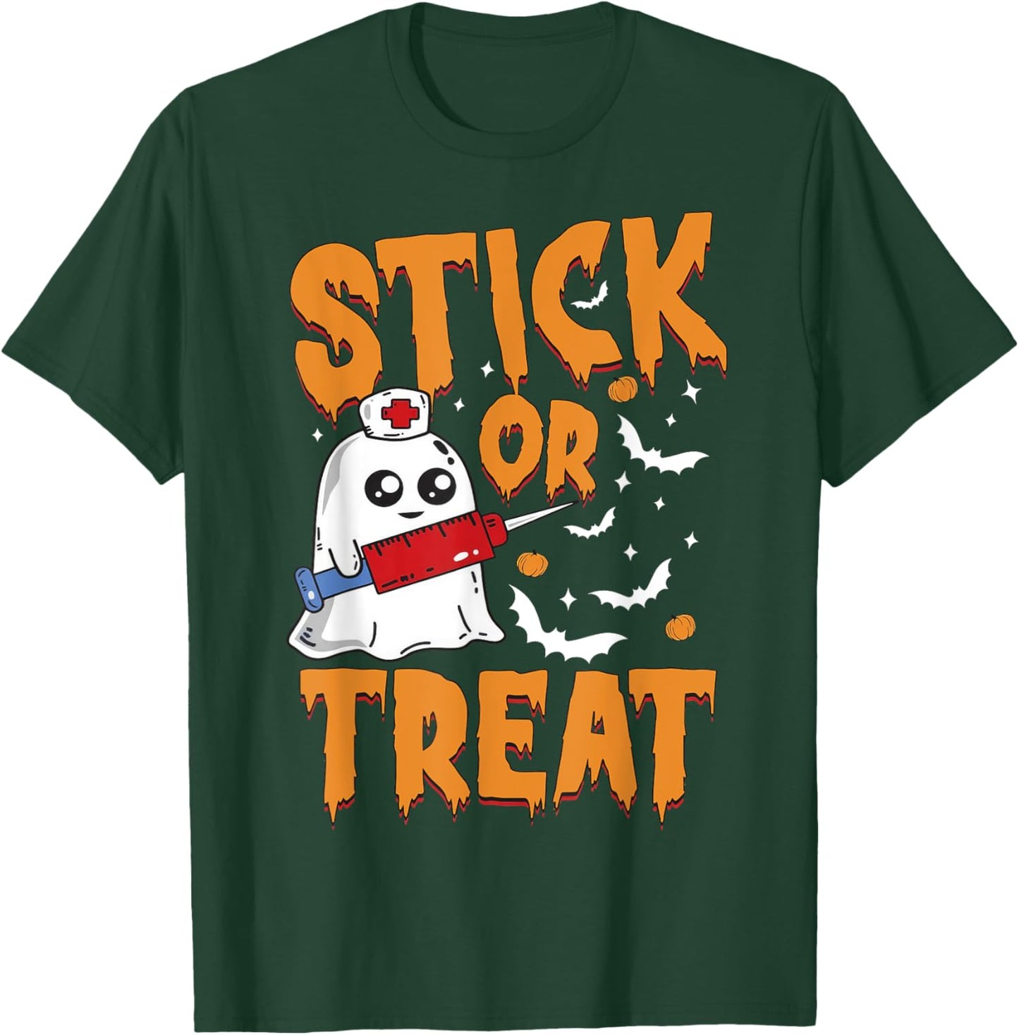 Stick Or Treat Ghost Nurse Phlebotomy Tech Halloween Costume T-Shirt - T-Shirt | Forest