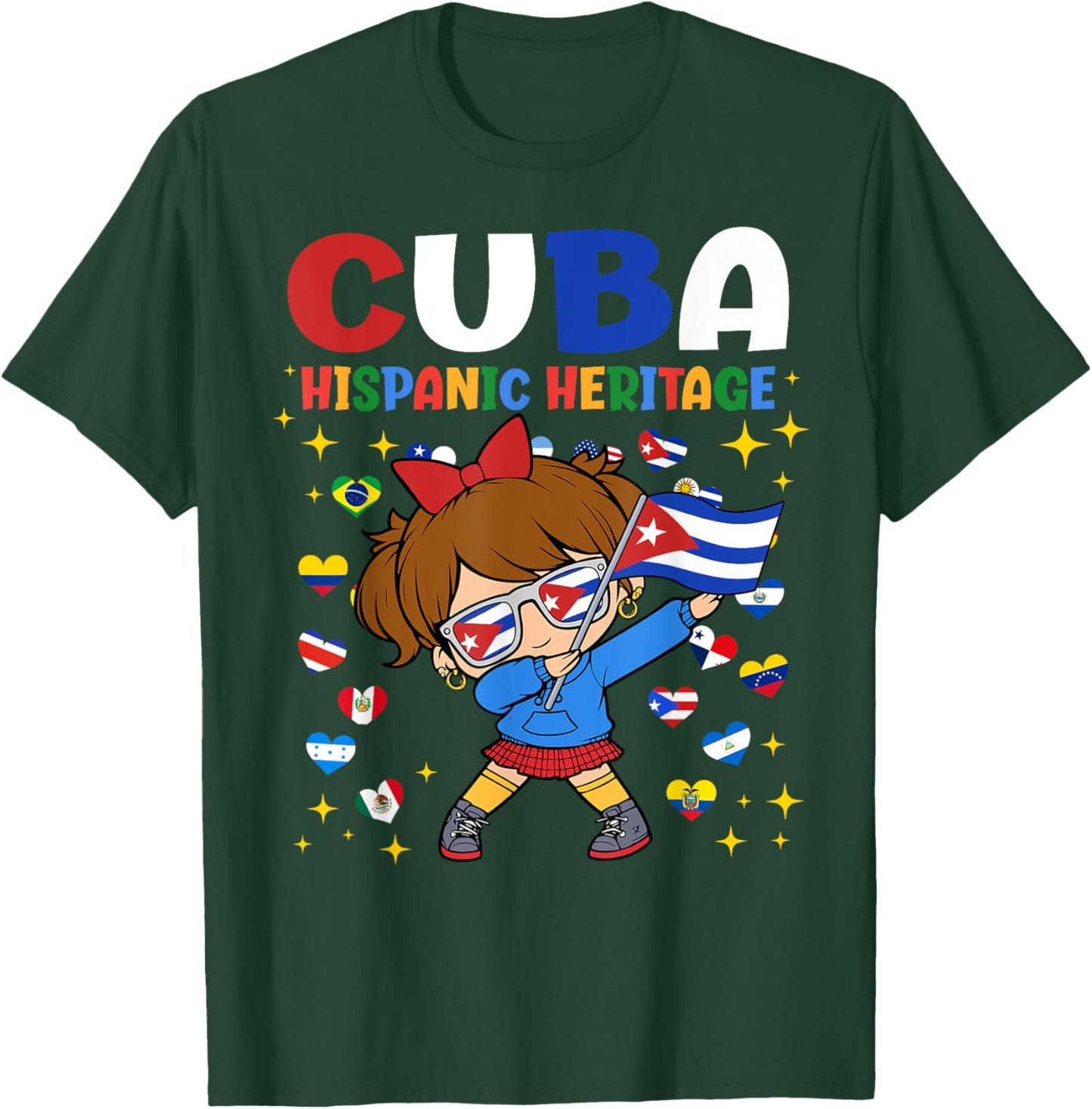 Hispanic Heritage Month Cuba Flag Cuban Girl Kids T-Shirt - T-Shirt | Forest