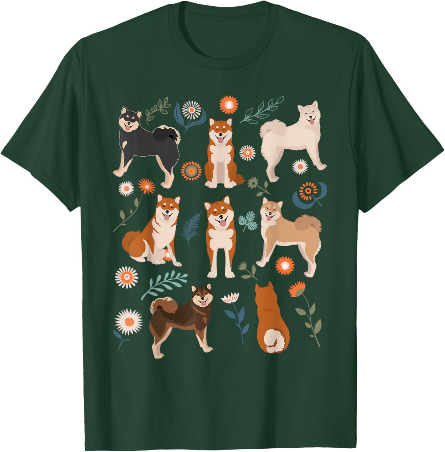 Shiba Inu Dog Flowers, Cute Pet Red Black Tan White Sesame T-Shirt - T-Shirt | Forest