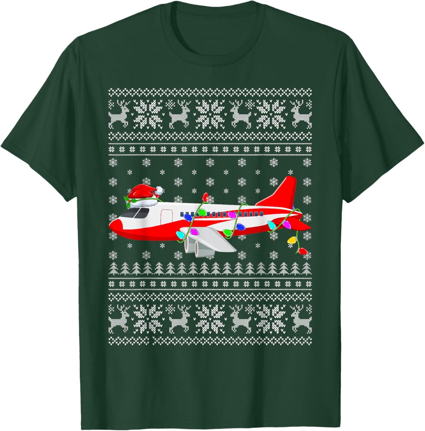 Ugly Sweater Xmas Lights Santa Hat Airplane Christmas T-Shirt - T-Shirt | Forest