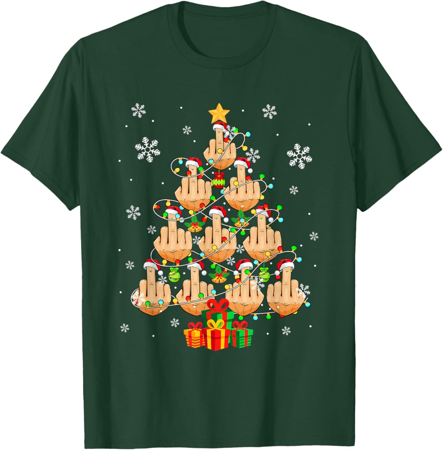 Santa Middle Fingers Christmas Tree Sarcastic Costume Adult T-Shirt - T-Shirt | Forest