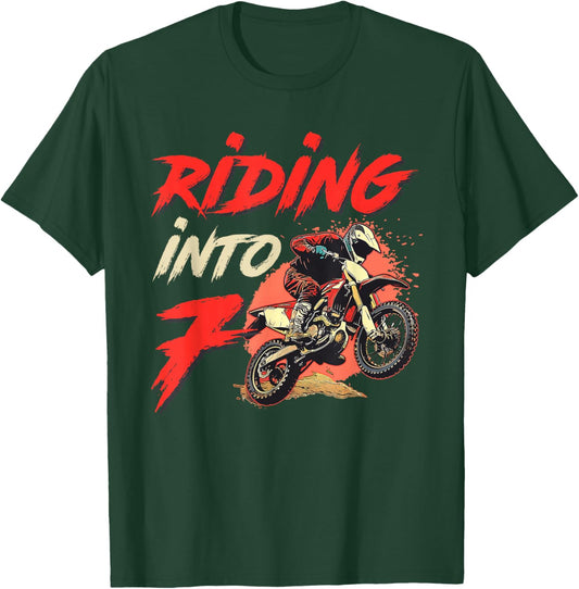 Riding Into 7 Years Old 7th Birthday Dirt Bike Bday Party T-Shirt - T-Shirt | Forest