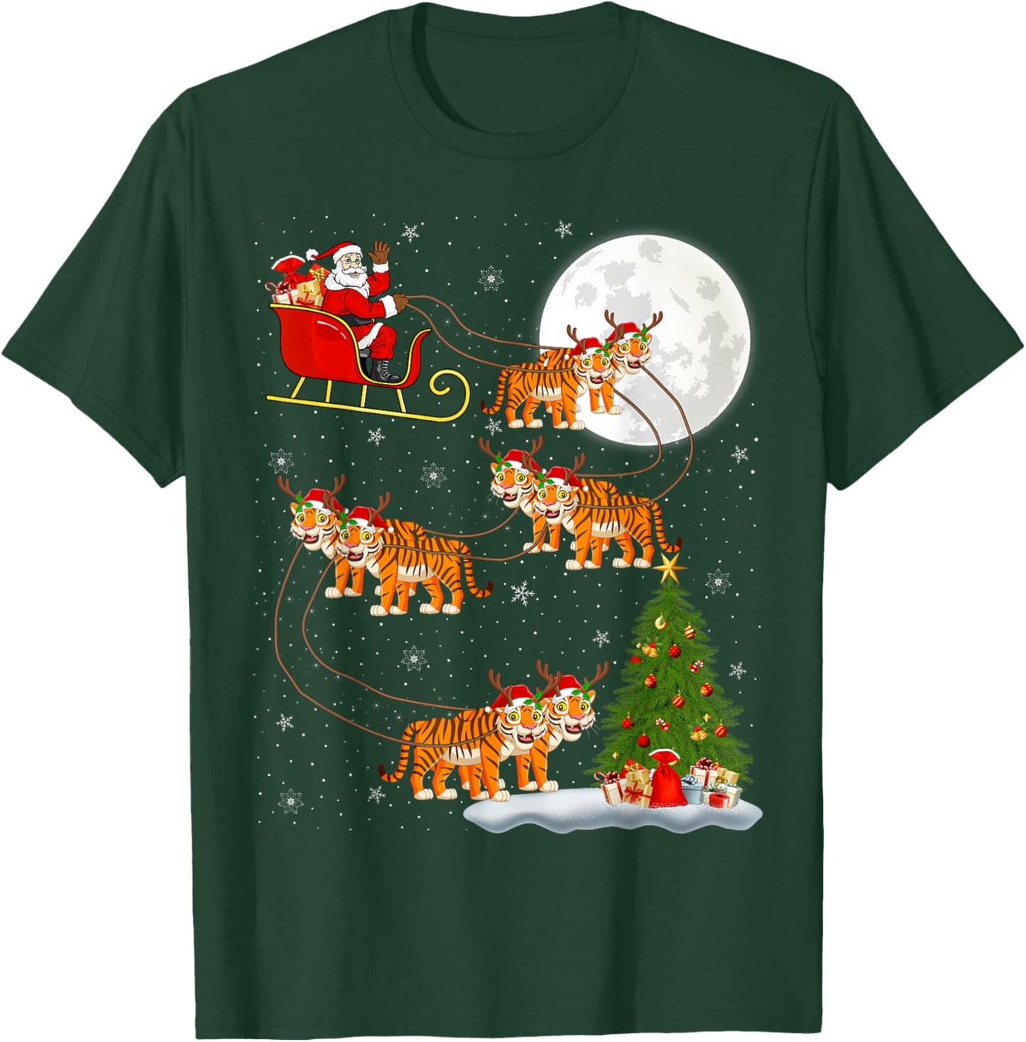 Xmas Tree Lights Funny Santa Riding Tiger Christmas T-Shirt - T-Shirt | Forest