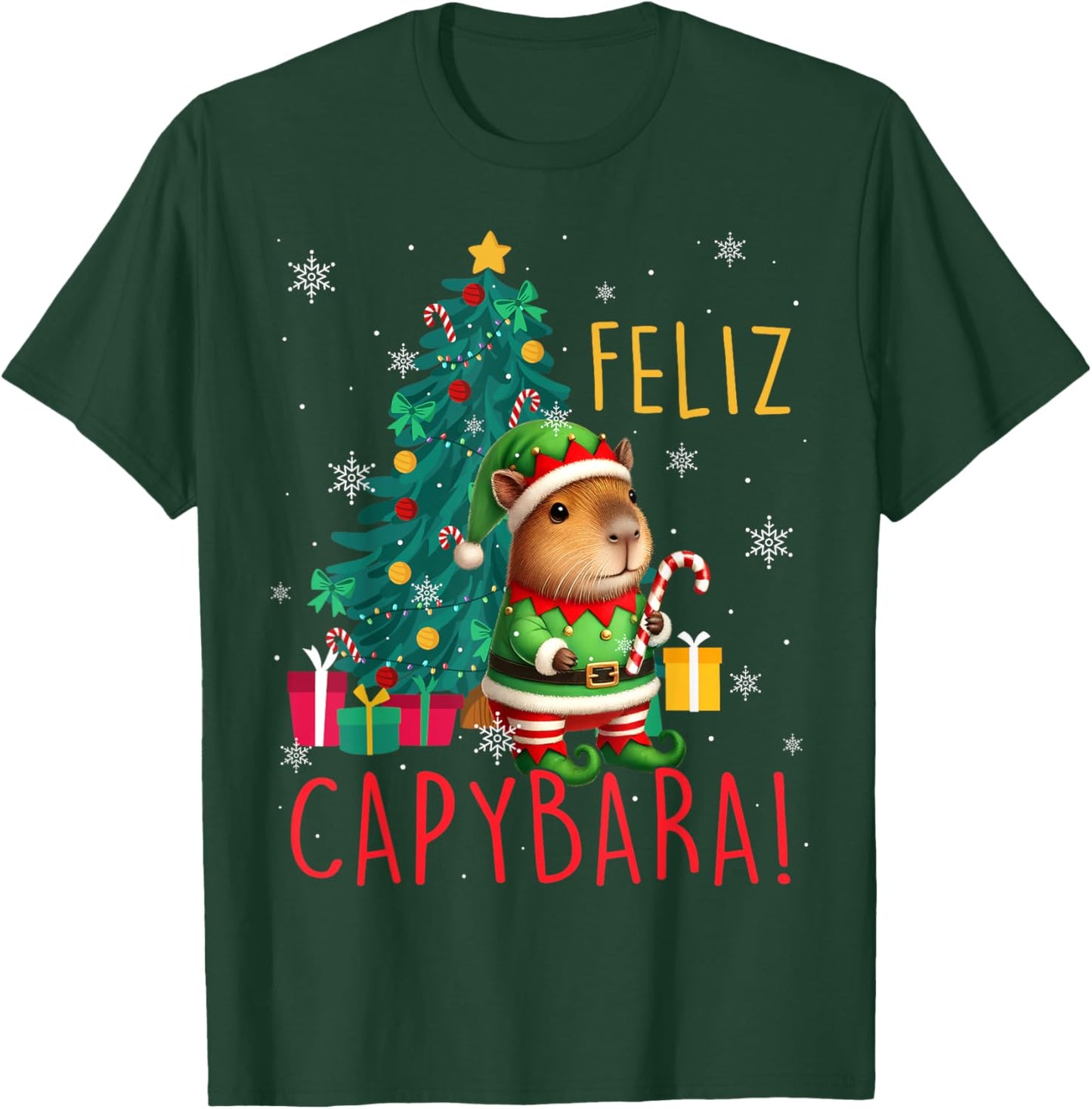 Feliz Capybara Elf Xmas Christmas Tree Checkered Candy Cane T-Shirt - T-Shirt | Forest